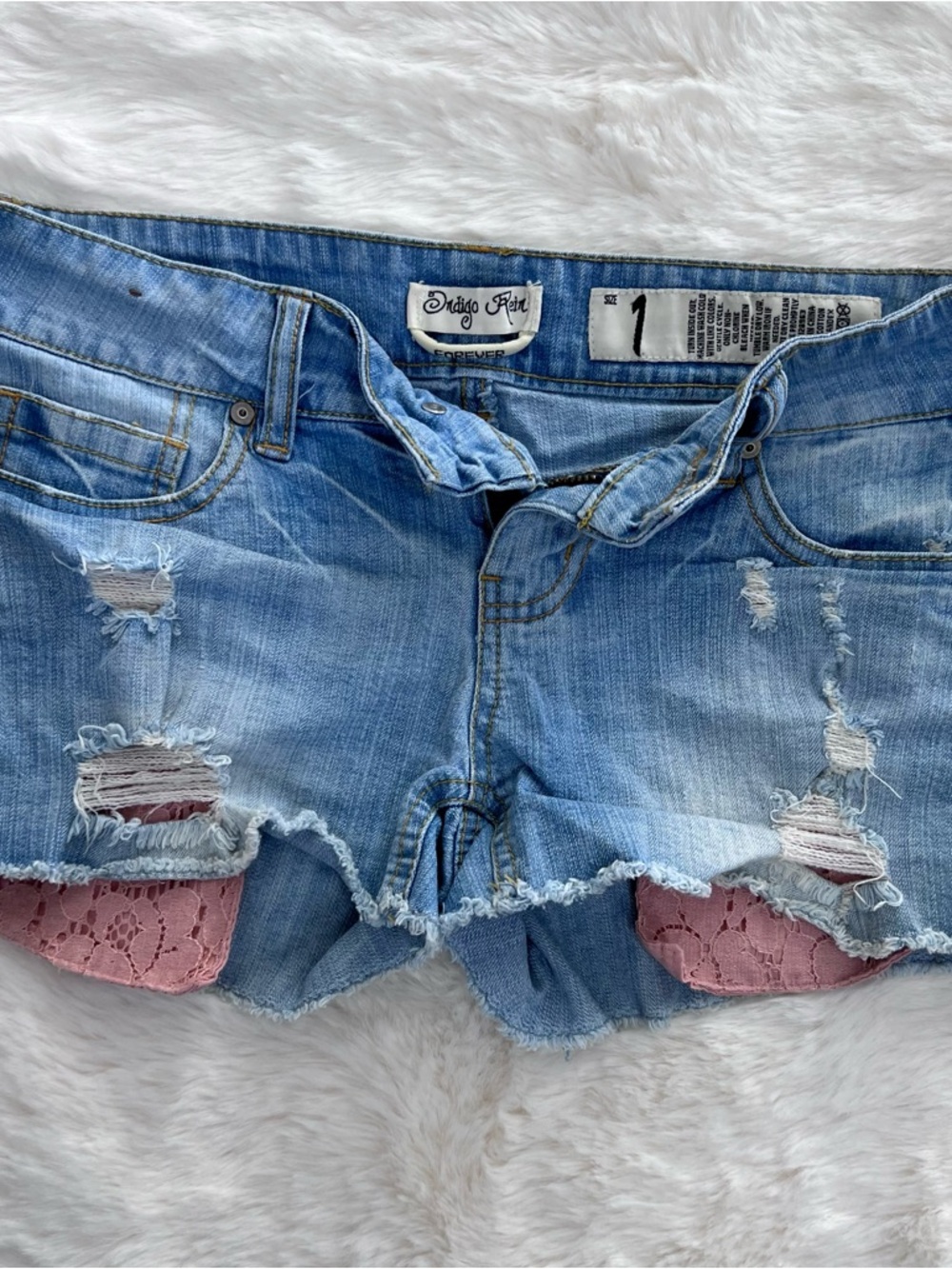 Indigo Rein Light Blue Distressed Jean Shorts with Pink Lace Insets